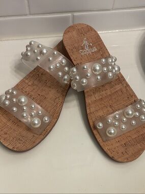 Corkys Clear Pearl Embellished Cork Slide Sandals